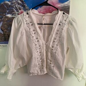 Free People Louella White Cotton Cut Out Detail Puff Sleeve Top